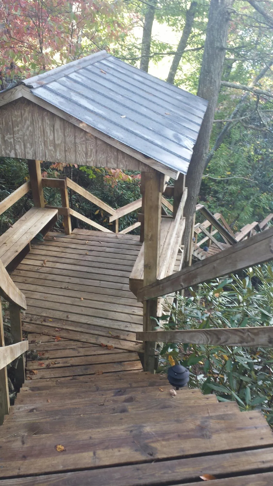 Metal roofed shelter over wooden steps on a wooded walkway — Skylight Repair & Installation work by our crew in Brazil